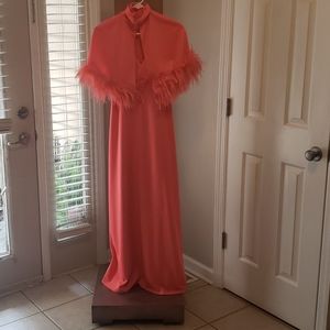 Coral strap dress with shawl cape
